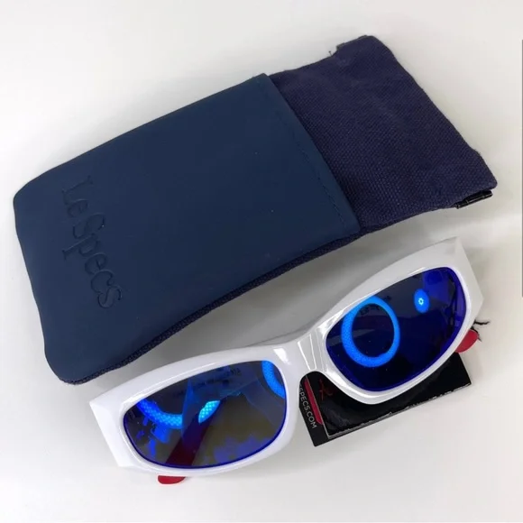 LE SPECS Adam Selman The Edge Sunglasses NEW White WIth Blue Mirror Lenses - Picture 5 of 16